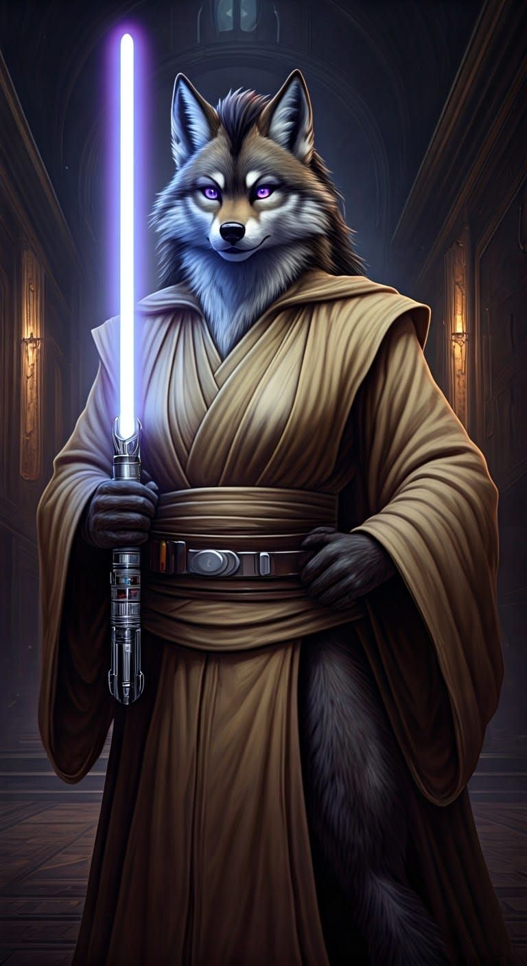Exquisite Anthropomorphic Wolf Jedi in Ancient Temple