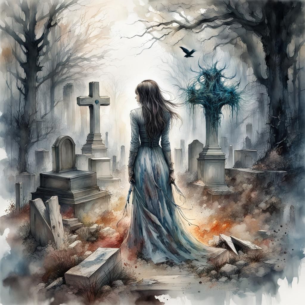 Phantom in Cemetery: Detailed Watercolor Illustration