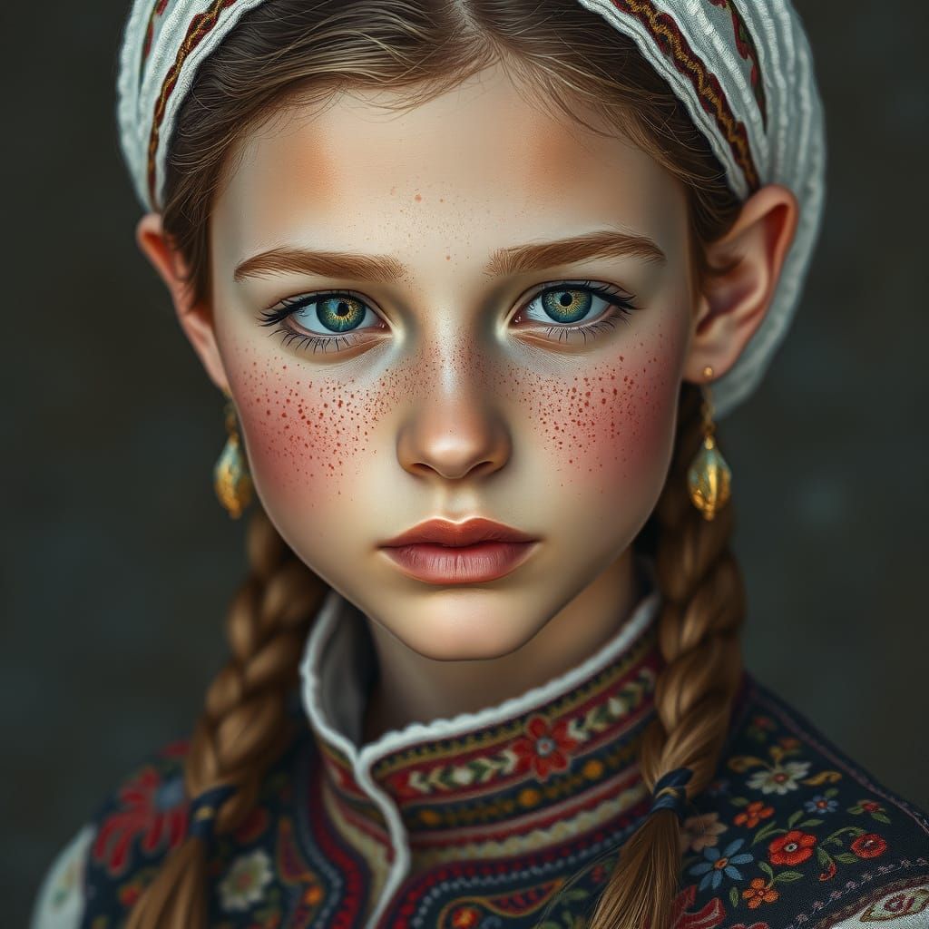 Photorealistic Portrait of a Young Woman in Embroidered Atti...