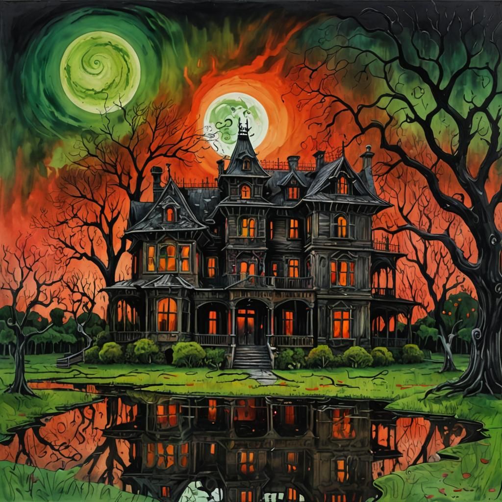 Spooky Haunted Mansion in Watercolour Impasto Style