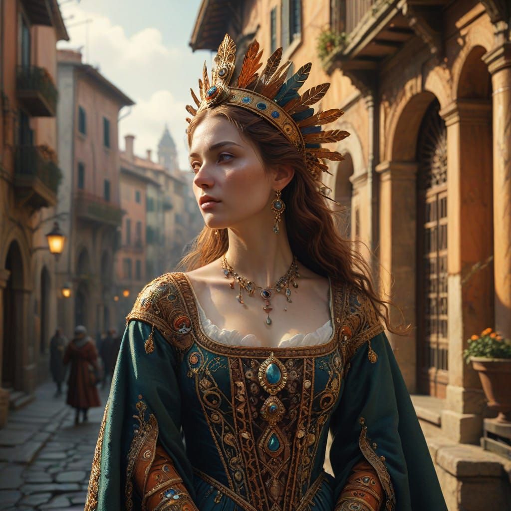 Woman in 15th Century Italian Renaissance Attire, Adorned wi...