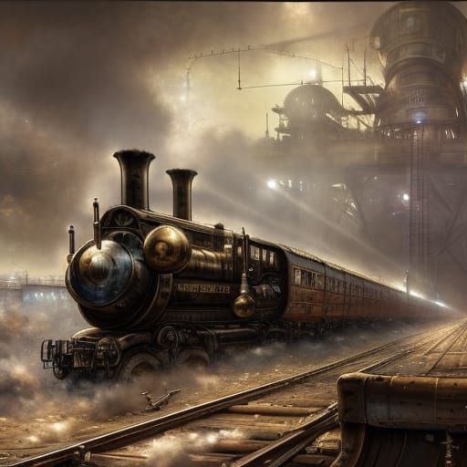 Steampunk Locomotive at Station: Photorealistic Digital Art
