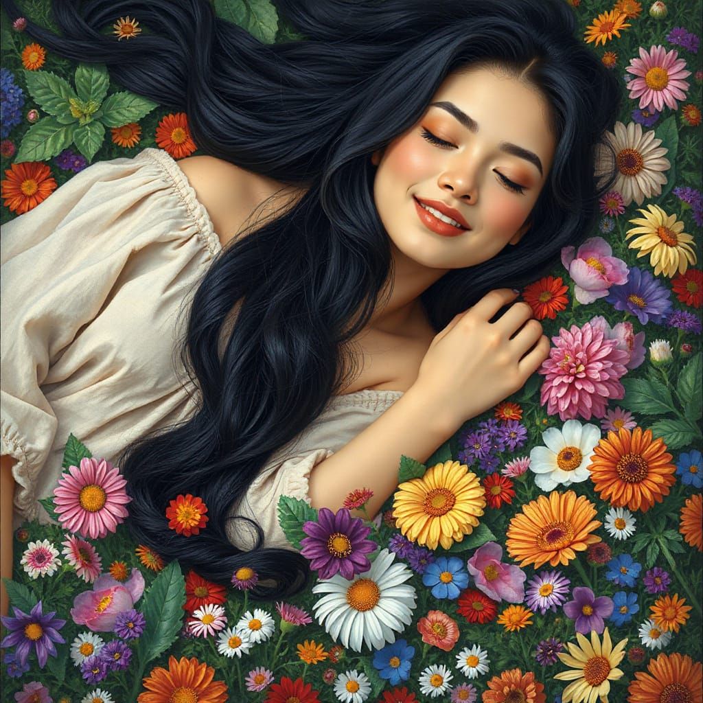Woman in Wildflowers, Serene Botero-Style Portrait