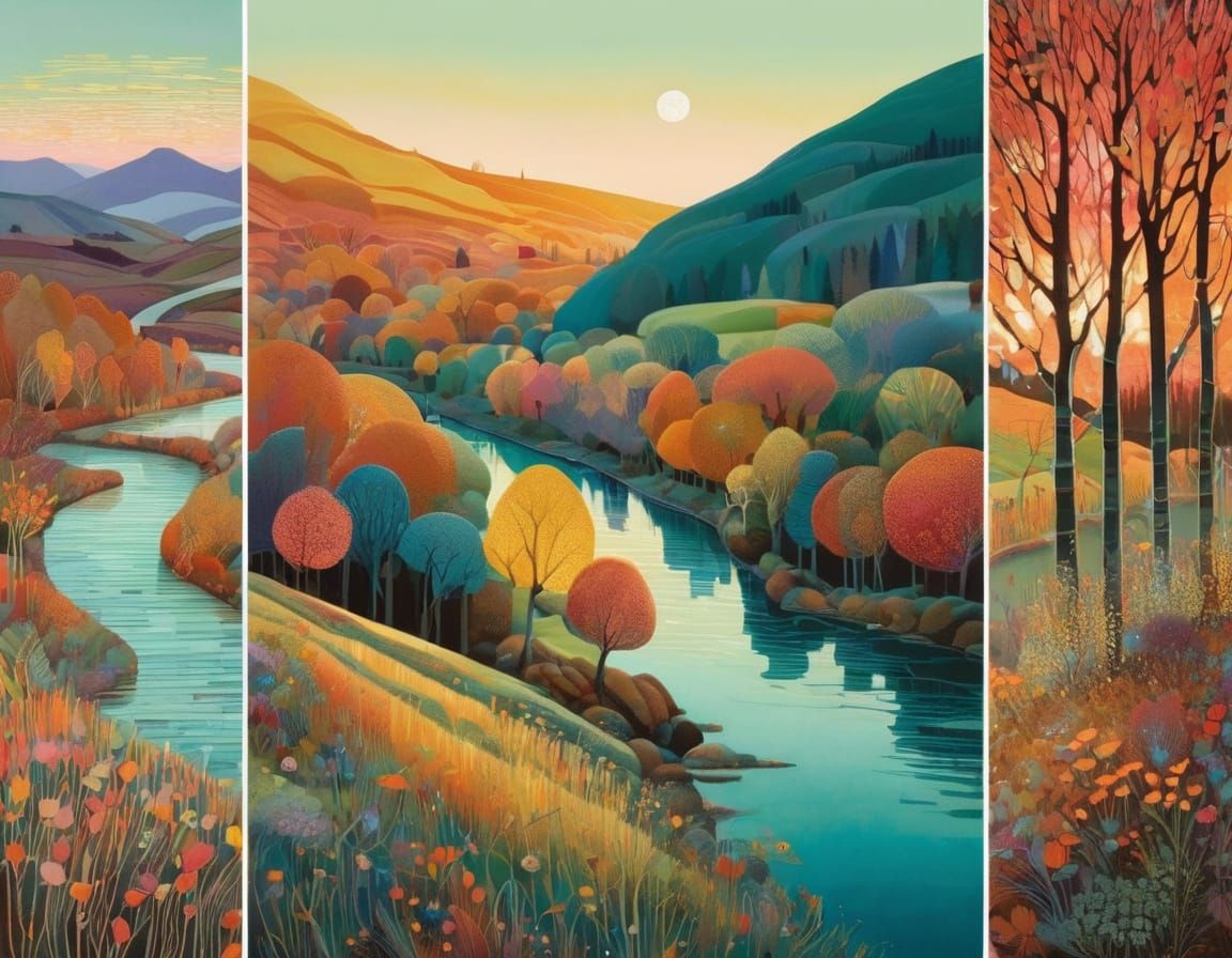 Charming Autumn River Scene in Vibrant Pastel Colours