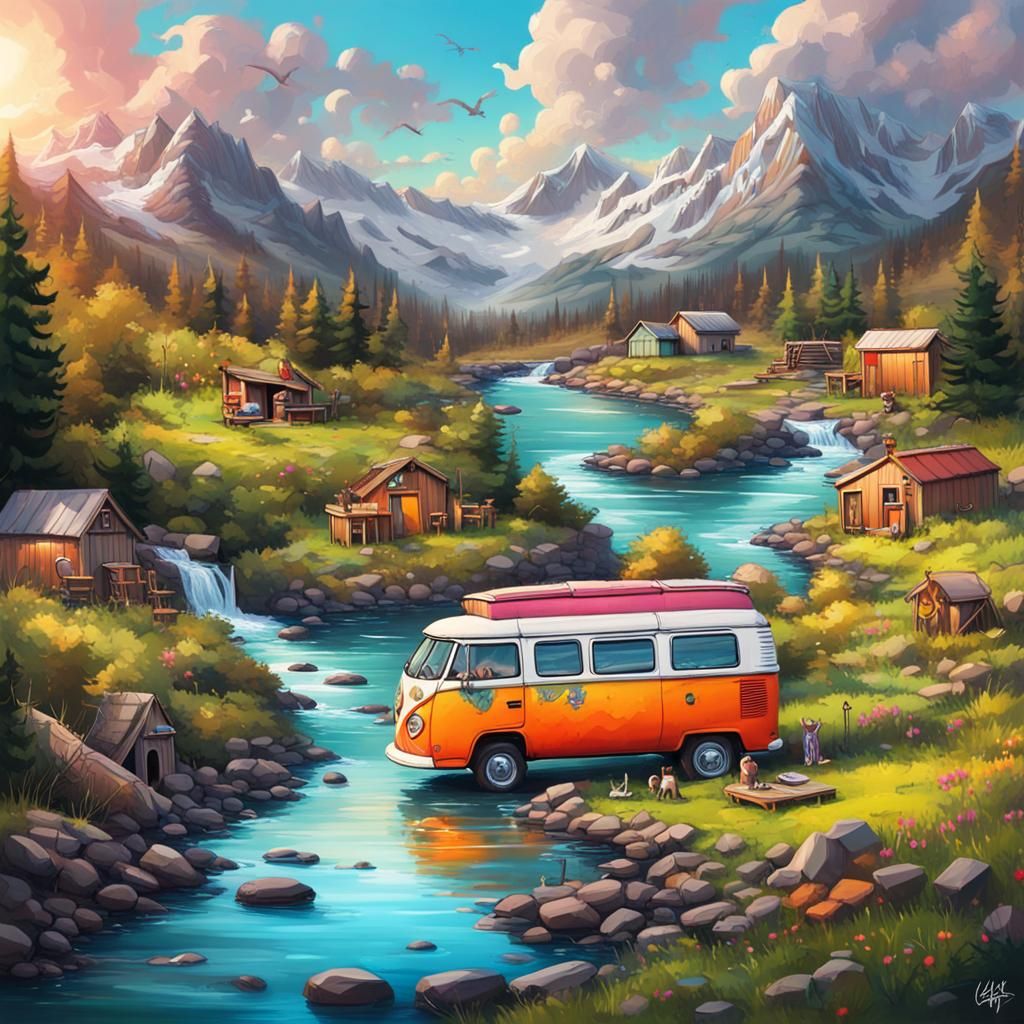 Mountain Tiny Home with VW Van in Spray Paint Art