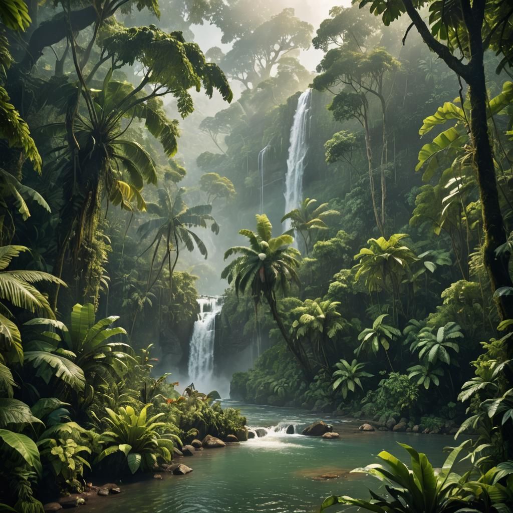 Lush Tropical Jungle River and Waterfall Scene