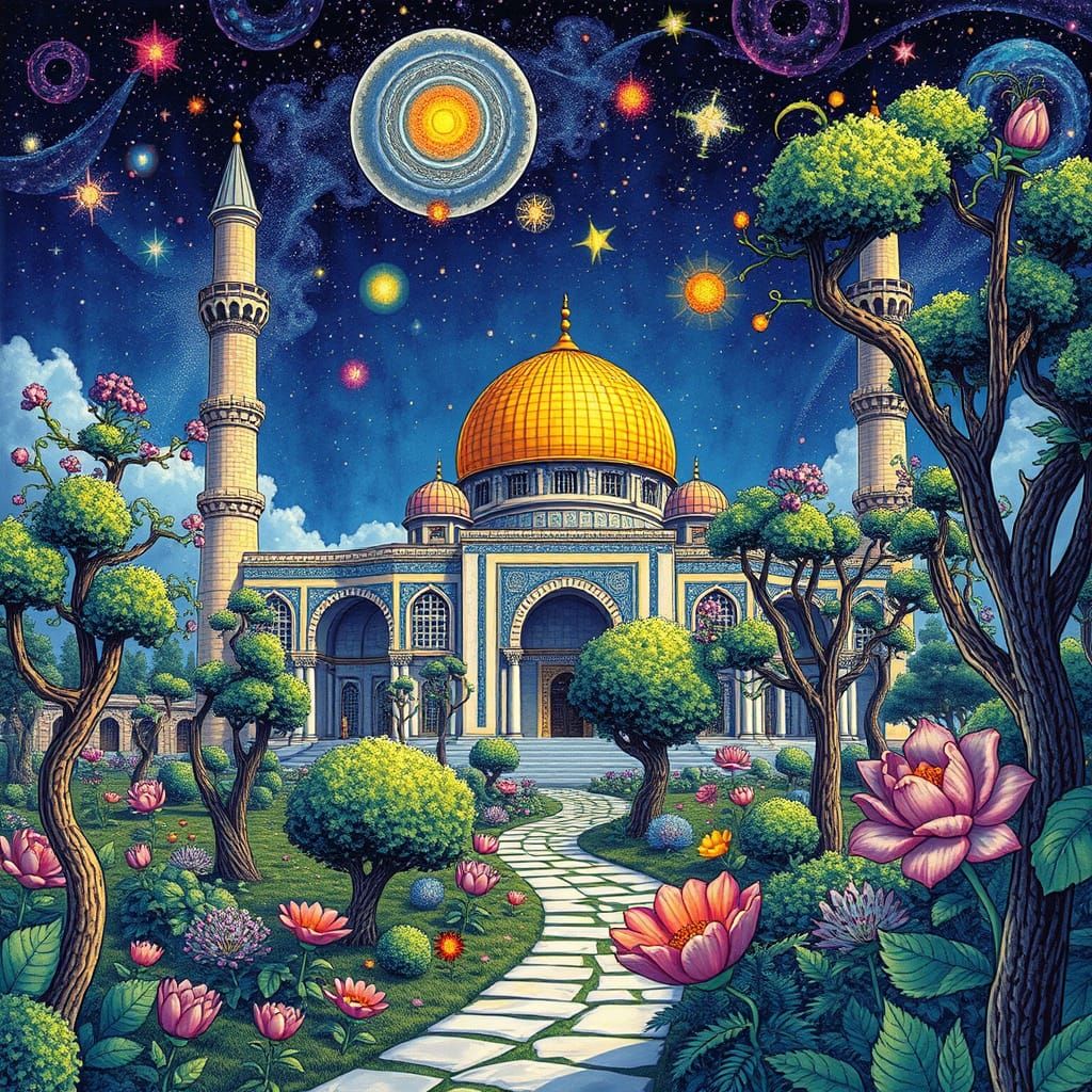 Mosque in a Psychedelic Garden with Contorted and Floating P...