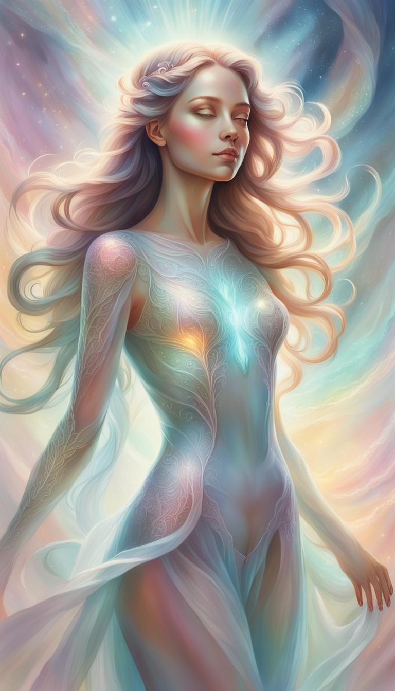 ethereal female figure, her features softly drawn and surrounded by a glowing (((radiant atmosphere))), ((beautiful past...