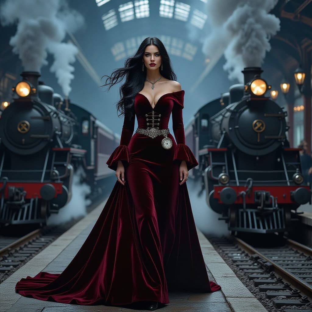 Gothic Woman in Train Station: Dark Fantasy Art