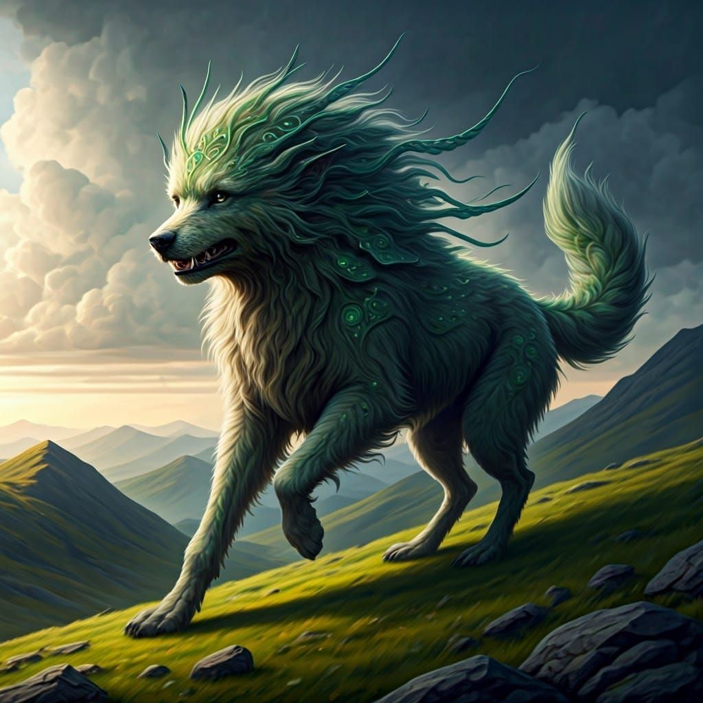 Mythological Green Celtic Dog in Highlands