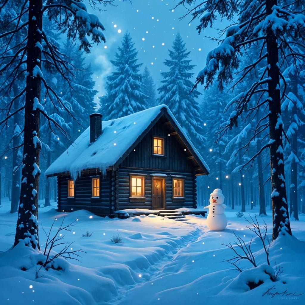 Cozy Cabin in Snowy Forest with Ethereal Snowflakes