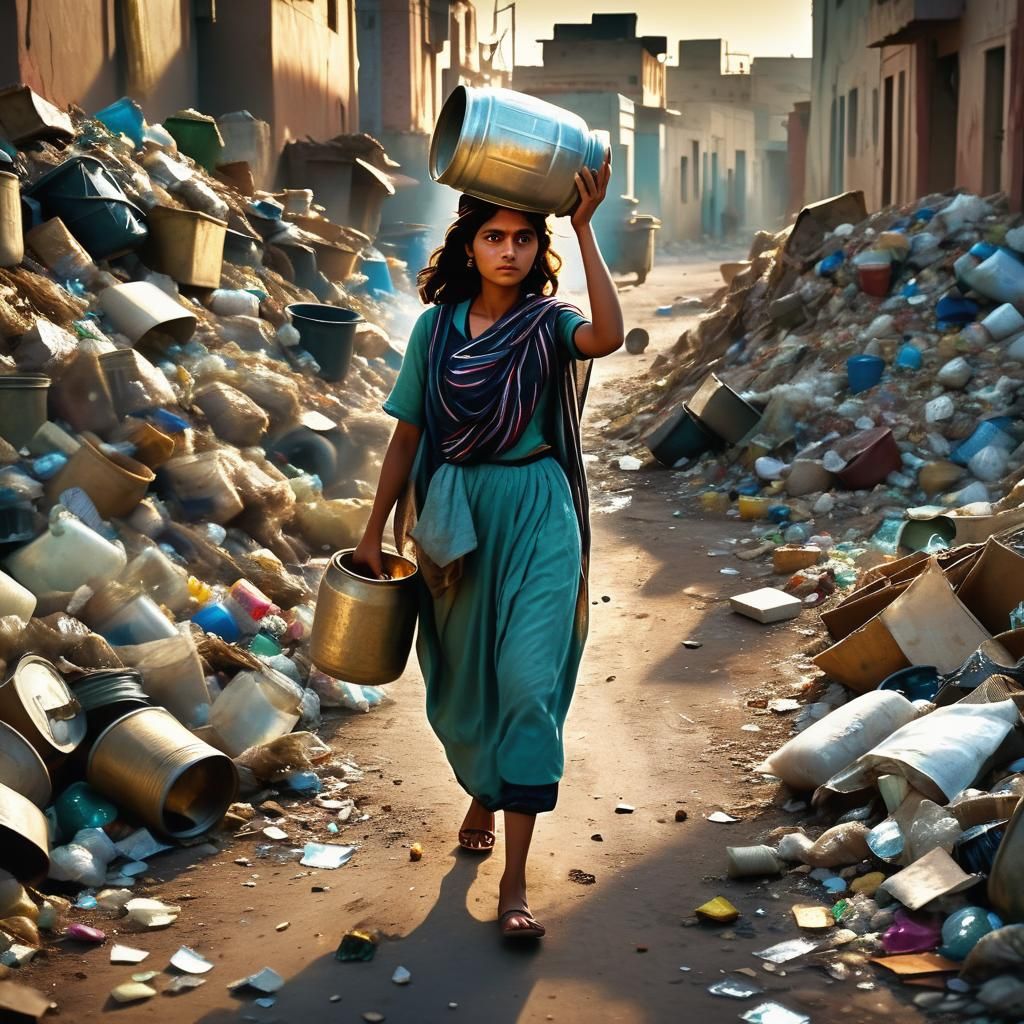 Sindhi Woman Walking with Jar, Cinematic Realism