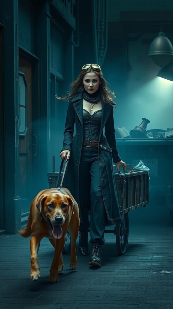 Steampunk Woman and Dog in Foggy Alley