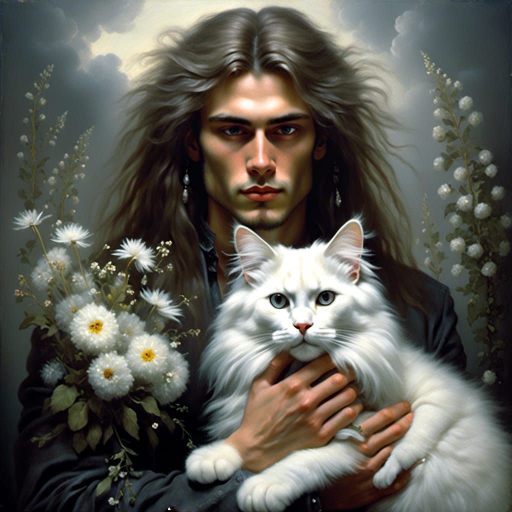 Young Man and Gray Cat Portrait