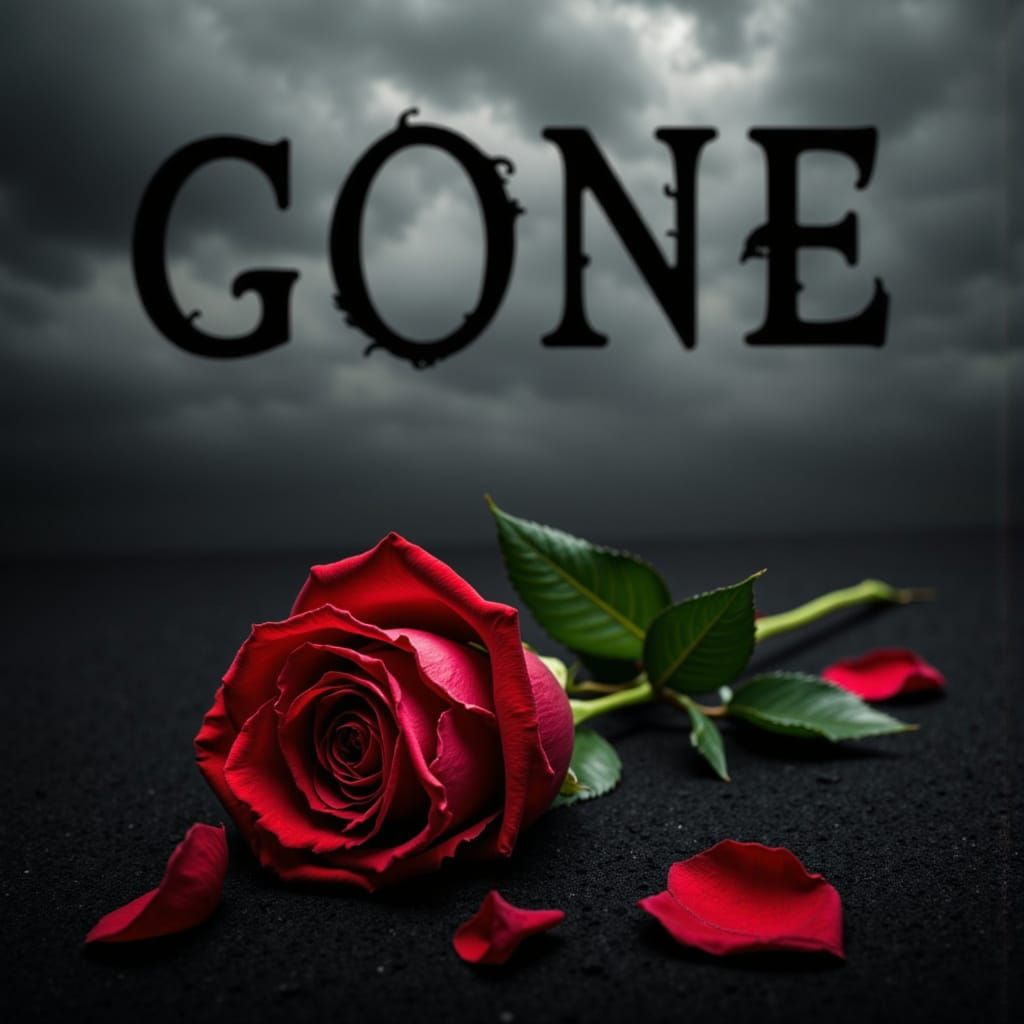 Wilting Rose Under Stormy Sky with Letters