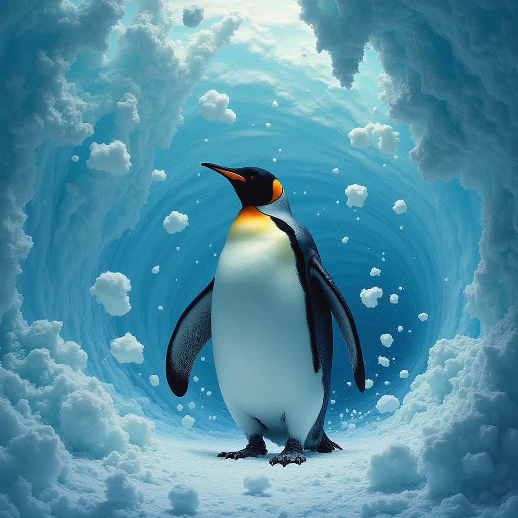 Penguin Disintegrates in Swirling Vortex of Icy Blues