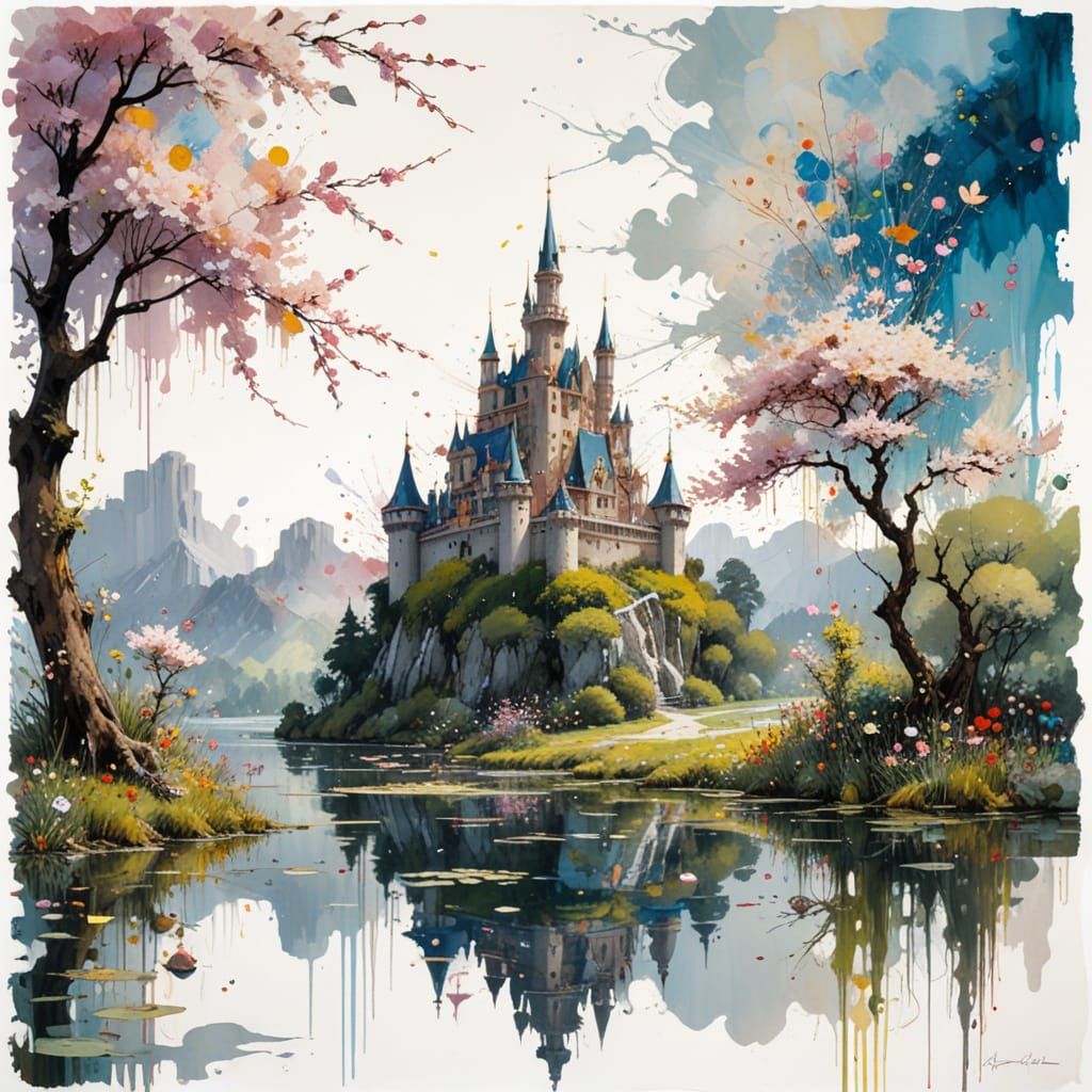 Fairytale Castle on Reflected Lake with Wildflowers