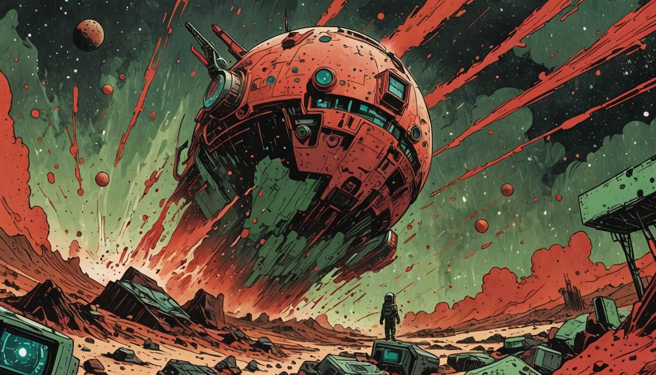 Retrofuturistic Mars Landscape in Midnight Olive Green and R...