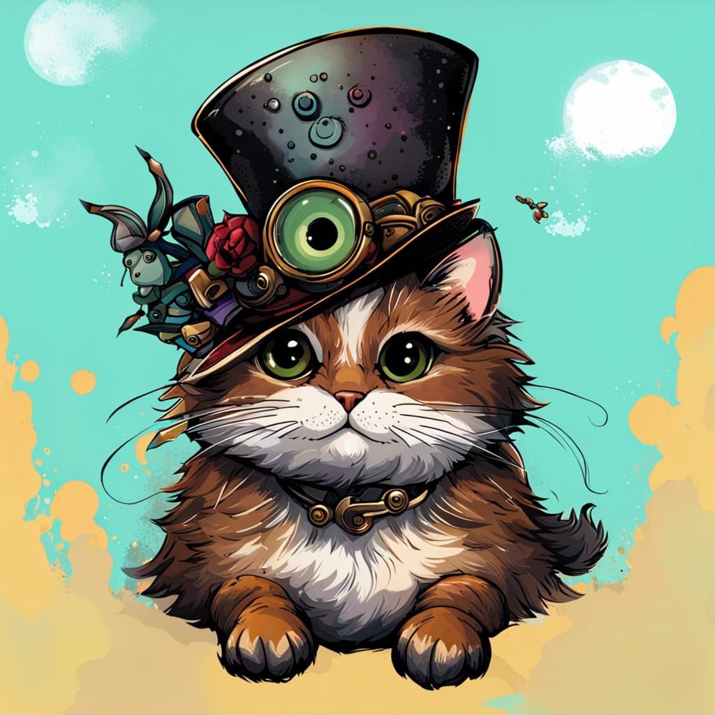 Giant Steampunk Cat's Joyful Sparrow Embrace
