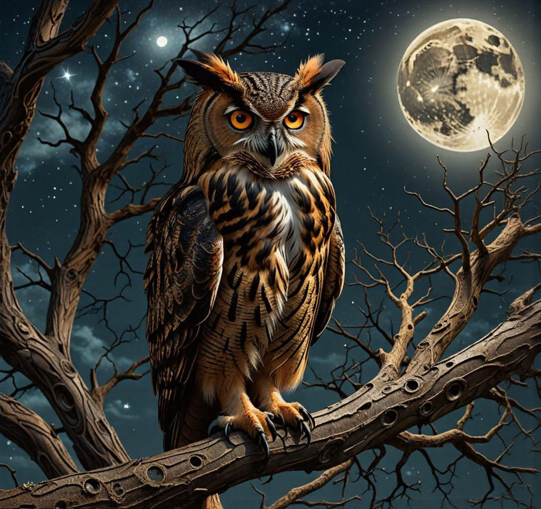 Eagle Owl with Glowing Eyes Under Starry Sky
