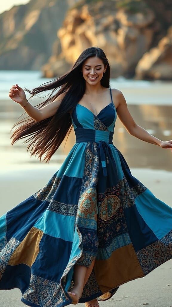 Woman Dancing on Beach in Patchwork Leather Dress