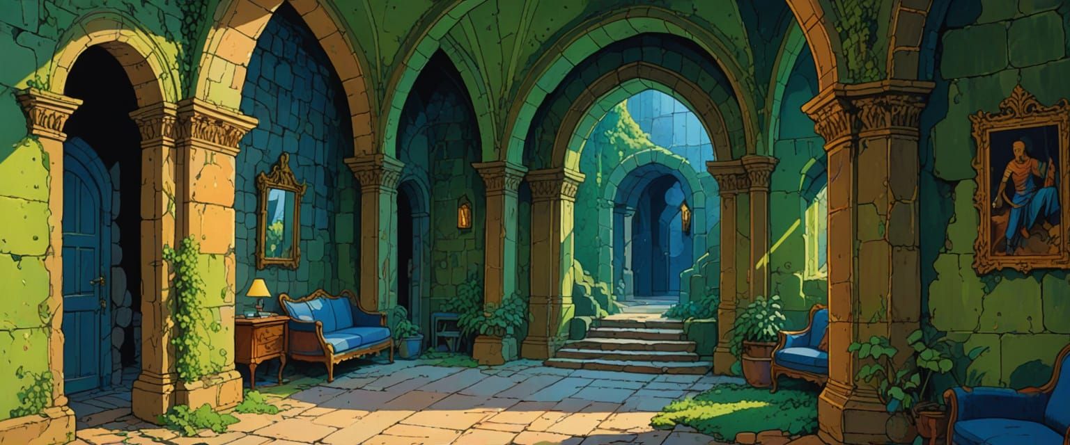 Whimsical Dungeon Passageway in Gouache Comic Style