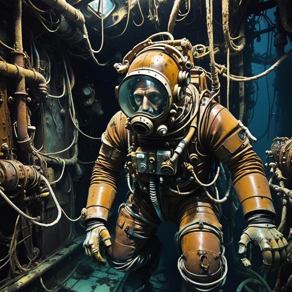 Underwater Research Vessel in Dark Surrealism Style