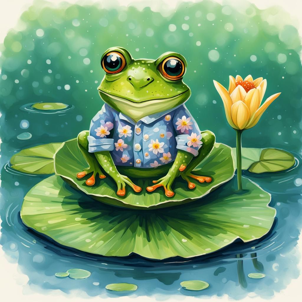 Frog in Pajamas on Lily Pad