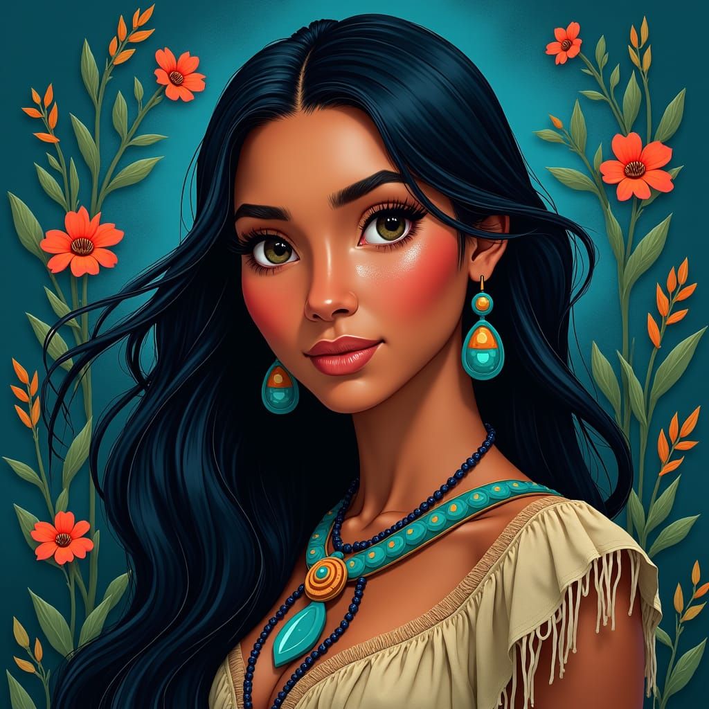 Pocahontas Portrait with Native American Art