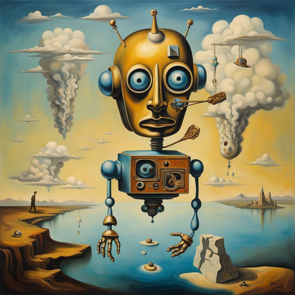 Surreal Robot Melts into Cloud as Oil Painting