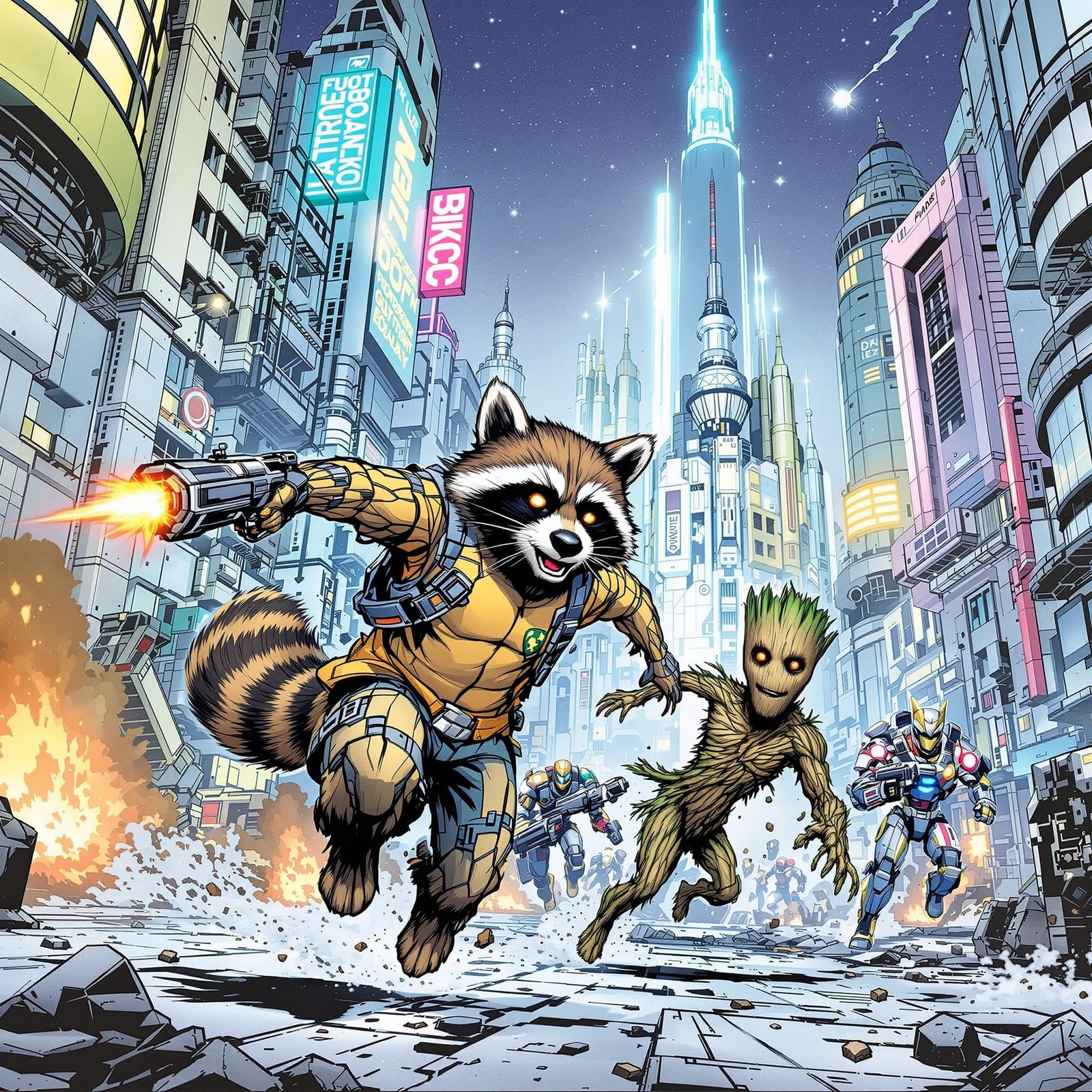 Rocket and Groot Flee Robots in Futuristic City