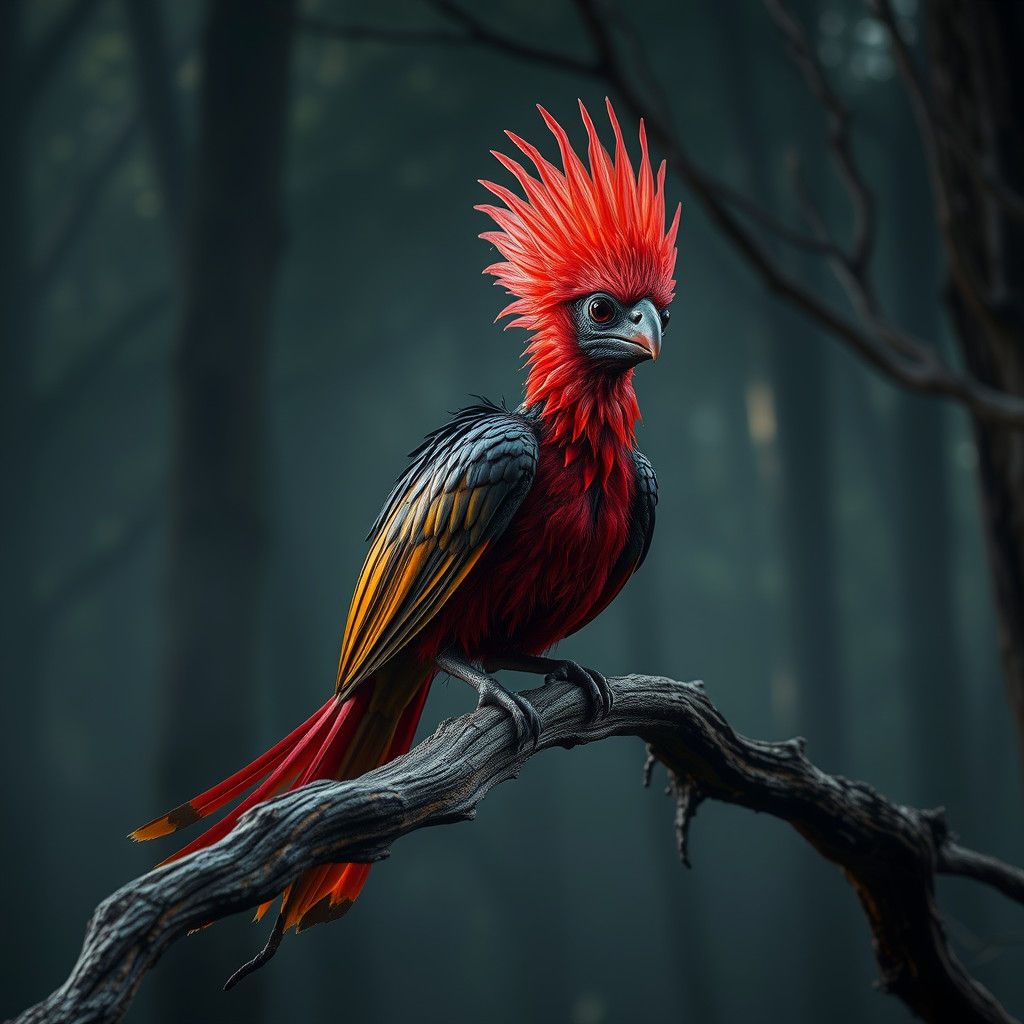 Crimson Alien Bird in Misty Forest, Live Action