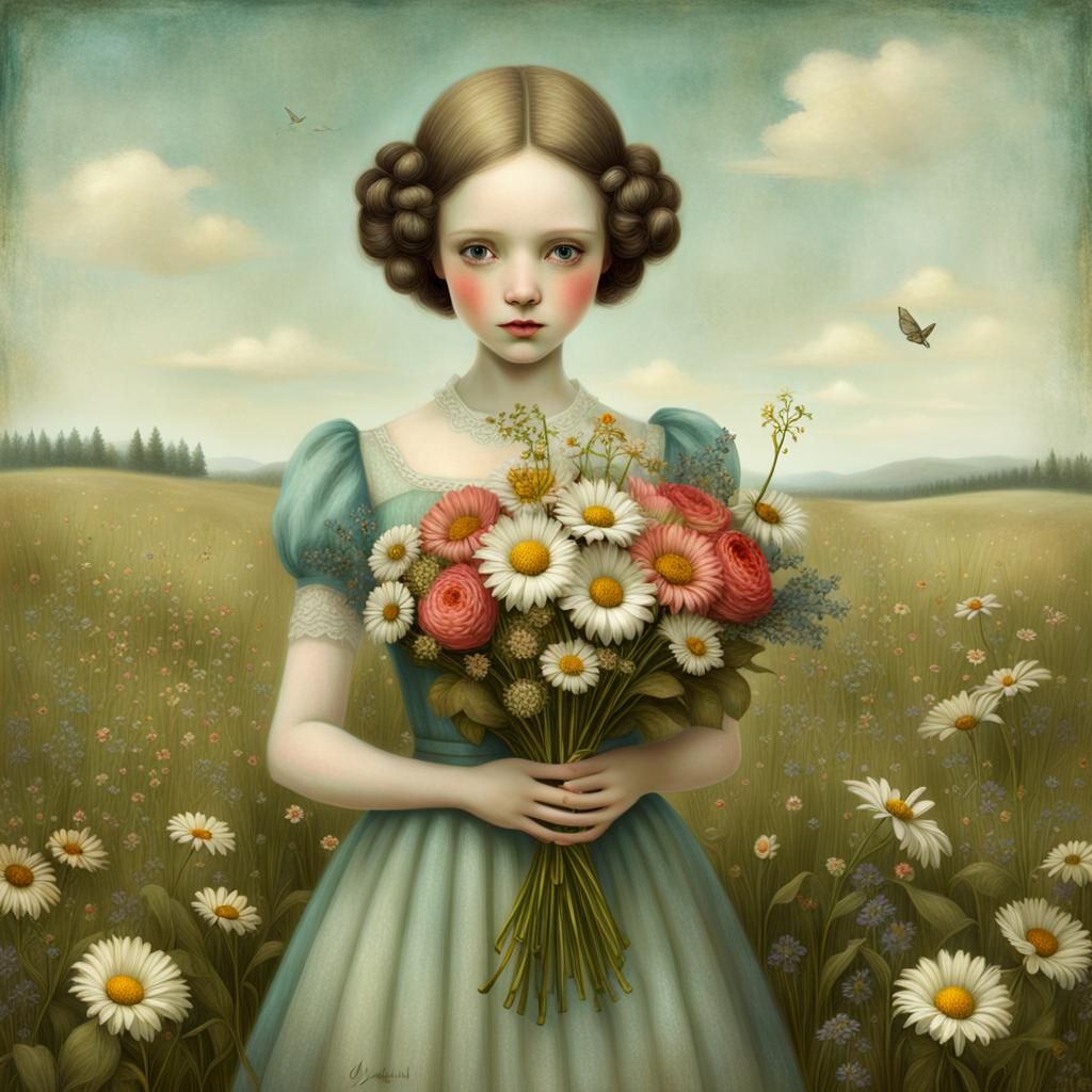 Girl with Flowers in Summer Field: Surreal Art