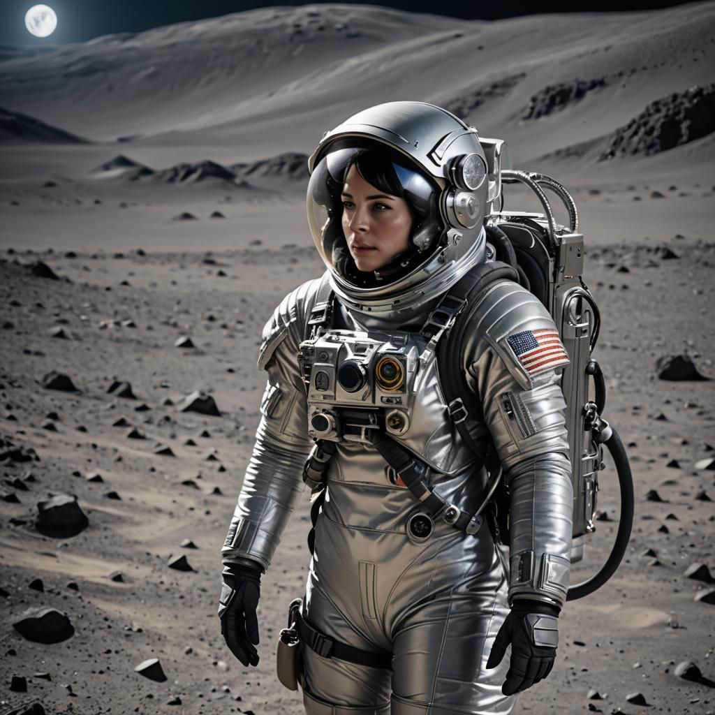 028 A beautiful female astronaut wearing a silver spacesuit on the moon.