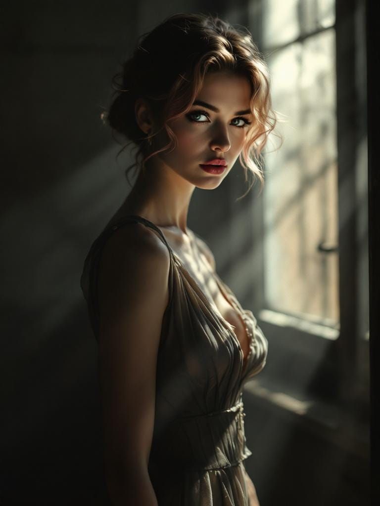 Woman in Film Noir Lighting with Atmospheric Depth