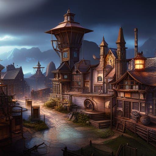 Detailed Steampunk Village in Fantasy Concept Art