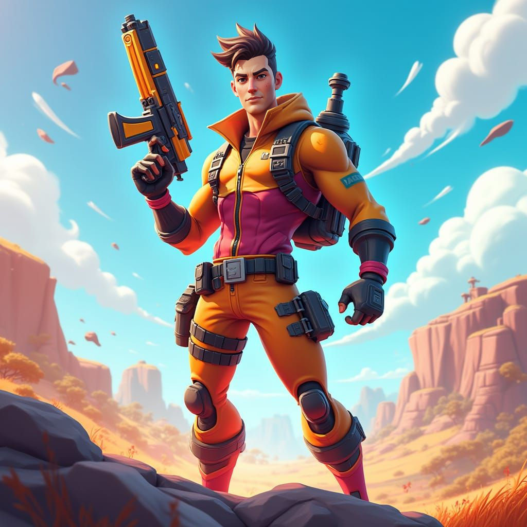 Cyberpunk Fortnite Hero Stands Tall in a Futuristic Landscap...