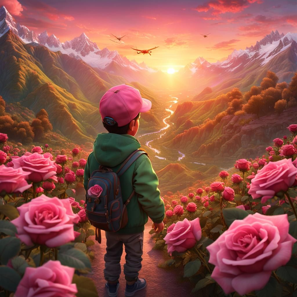 Boy with Rose in Himalayan Sunset Valley