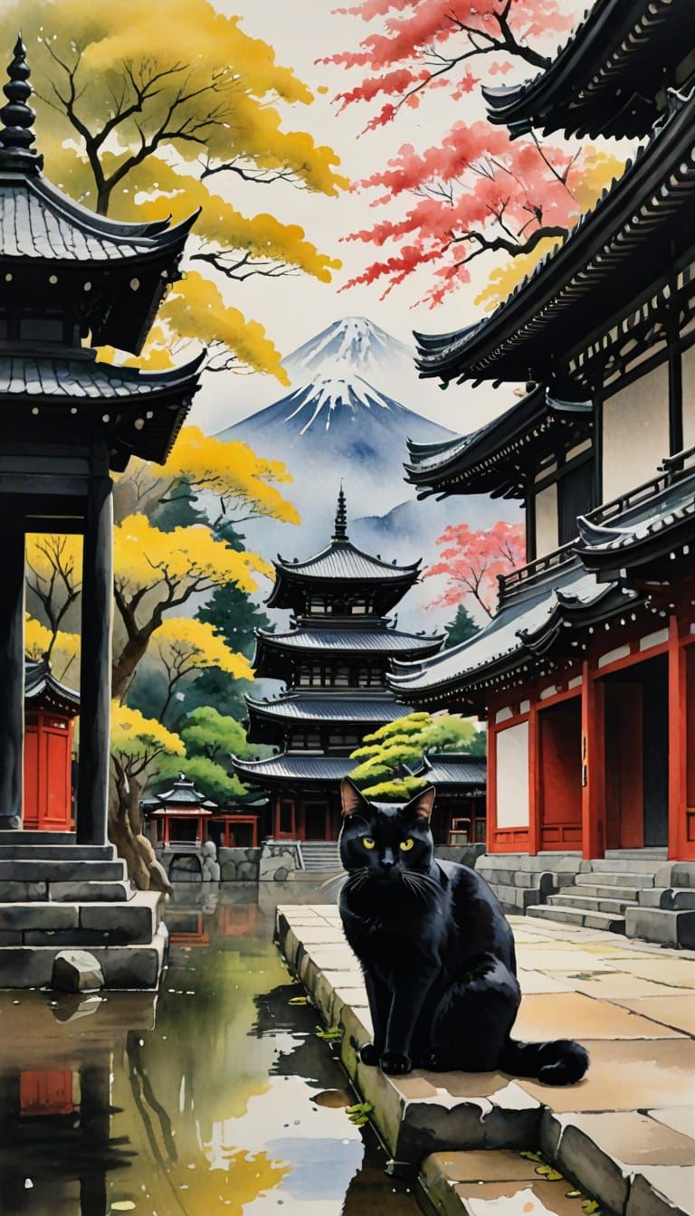 Loose wet watercolour of a black cat visiting a Japanese temple