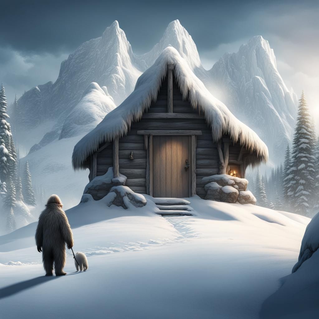 Boy and Yeti at Snowy Hut Door