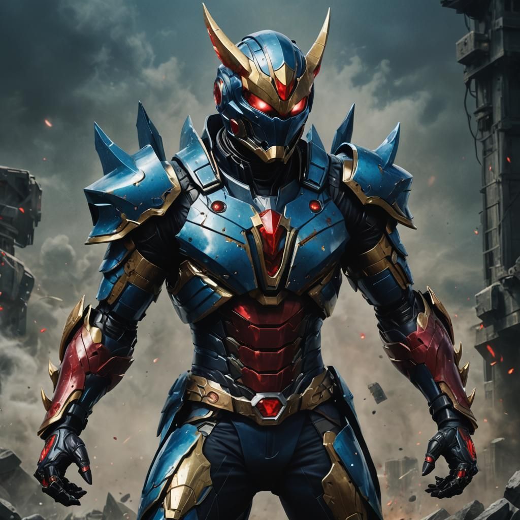 Glowing Blue Wyvern Kamen Rider with Red Eyes and Iron Man A...