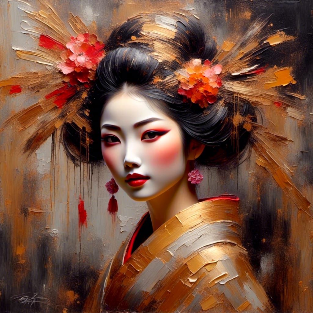 Japanese Geisha Portrait in Golden Light as Impasto Painting