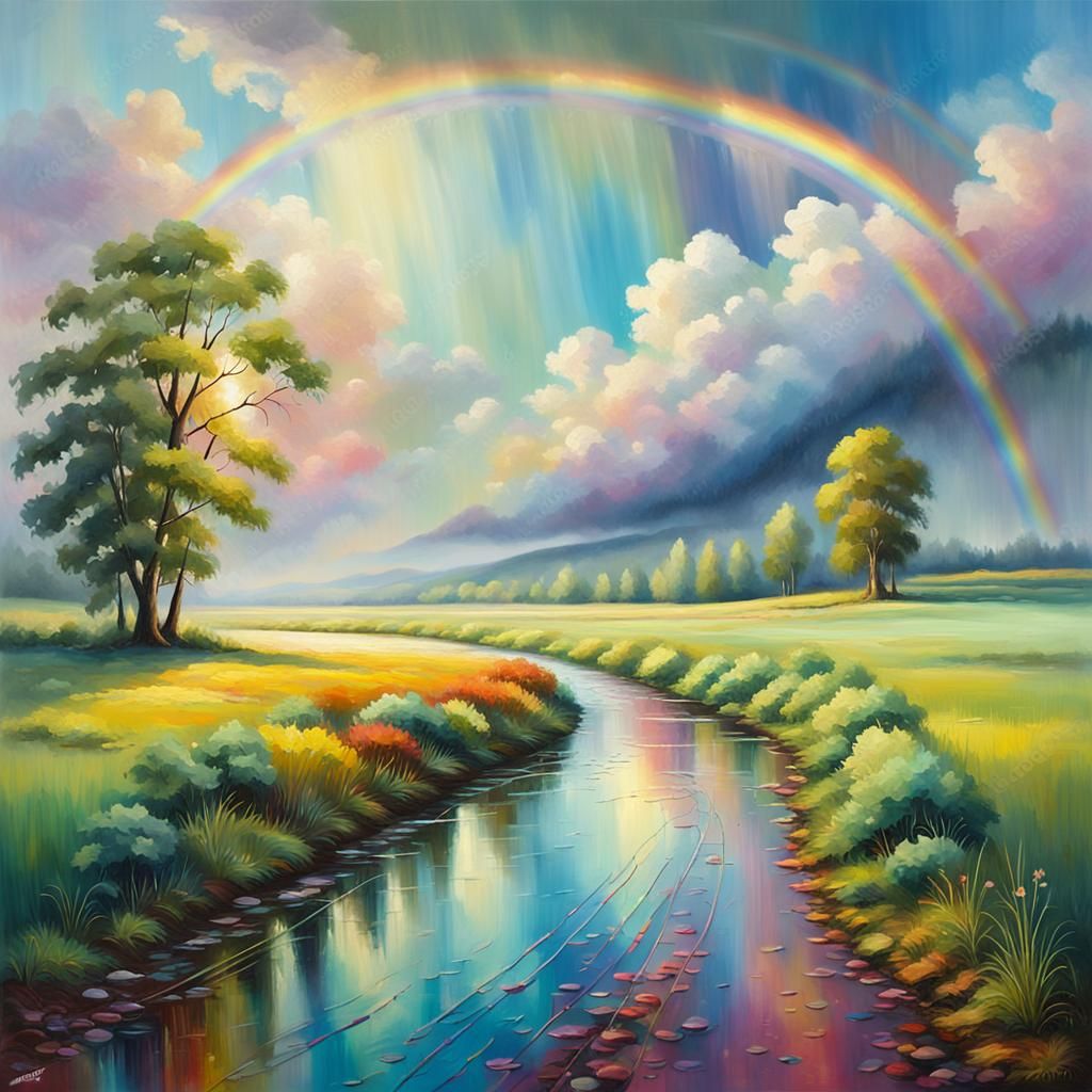 Rainbow Landscape Oil Painting After the Rain