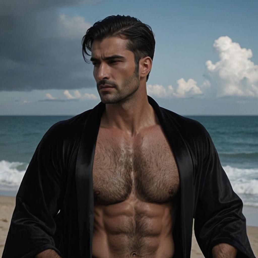 Handsome Hirsute Man with Velvet Robe at Sea