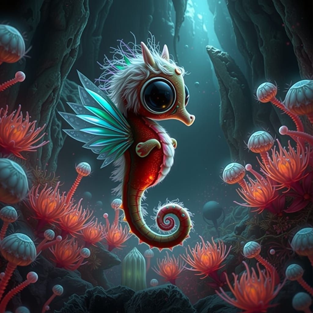 Rainbow Seahorse with Wings in Crystal Cave