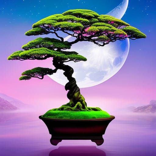 Pink Bonsai Tree Under Moonlight: Hyperrealistic Splash Art