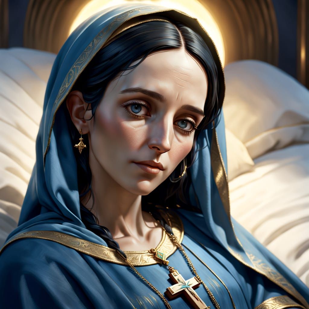 A hyperrealistic dnd illustration of a thirty-five-year-old Virgin Mary