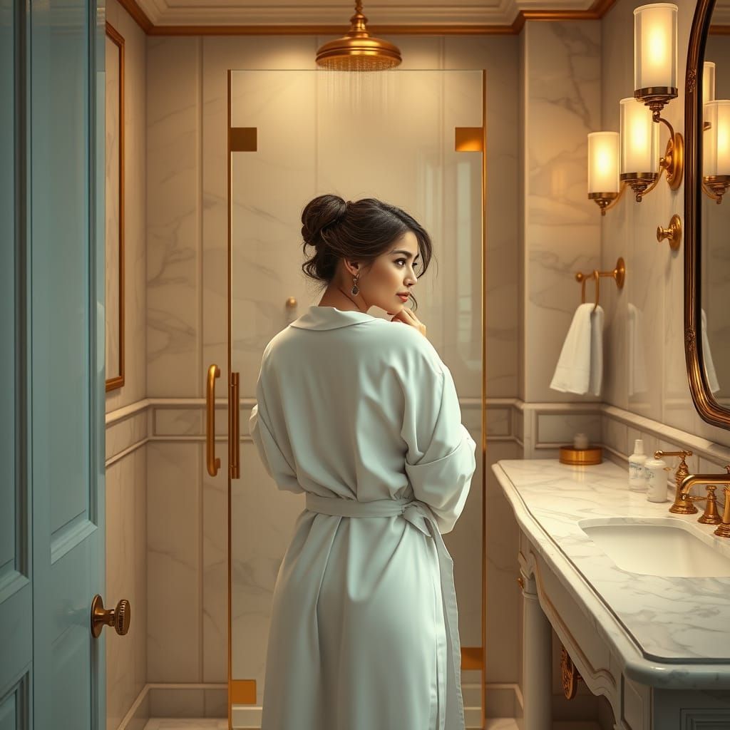 Elegant Woman Showering in Art Nouveau Style