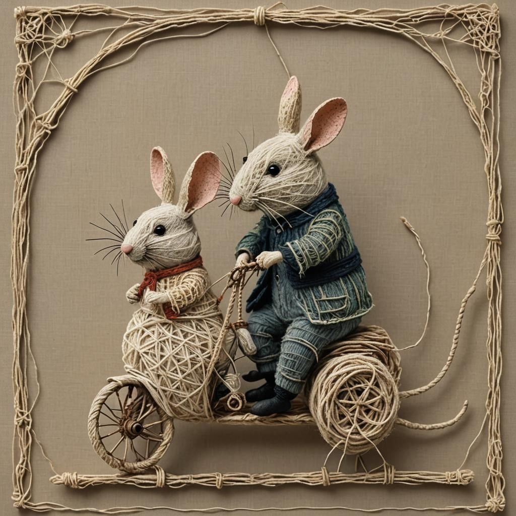 Mouse Riding a Macrame Rabbit in Naive Style