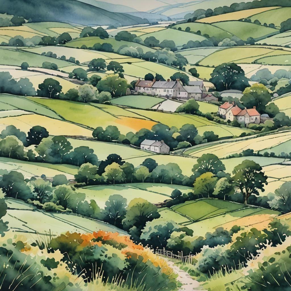 Serene Yorkshire Rural Scenery in Watercolour